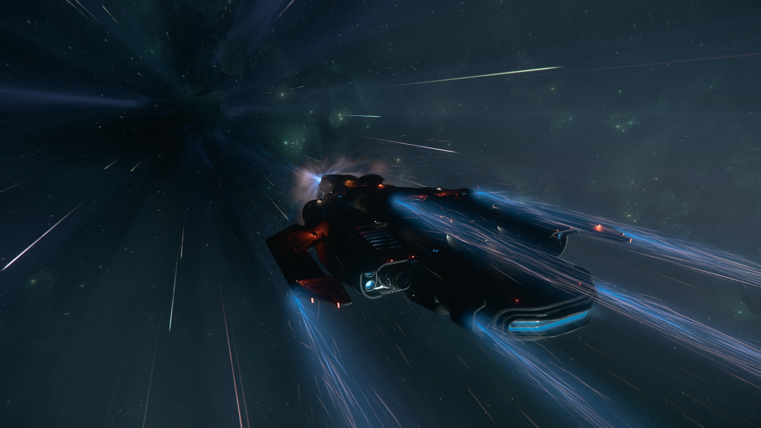 A ship streaking through quantum travel toward a target